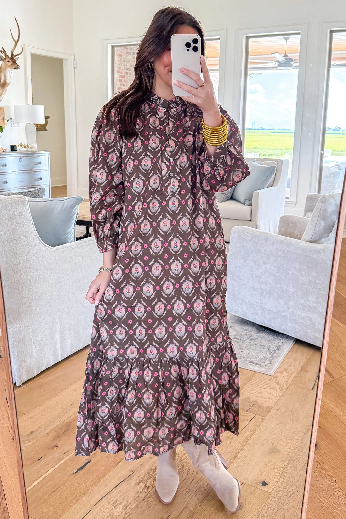 Brown Floral Print Button Front Ruffle Hem Midi Dress