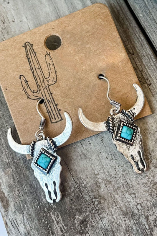 Silver Turquoise Bull Head Western Fashion Earrings