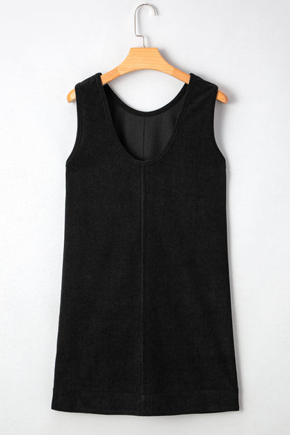 Black Plus Size Corduroy Patch Pocket Sleeveless Mini Dress