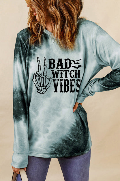 Top gris de manga larga con estampado Tie Dye BAD WITCH VIBES 