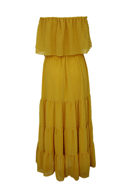 Yellow Yellow Off Shoulder Ruffle Swiss Dot Maxi Dress
