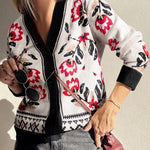 Beige Floral Print Buttoned Front V Neck Knit Cardigan