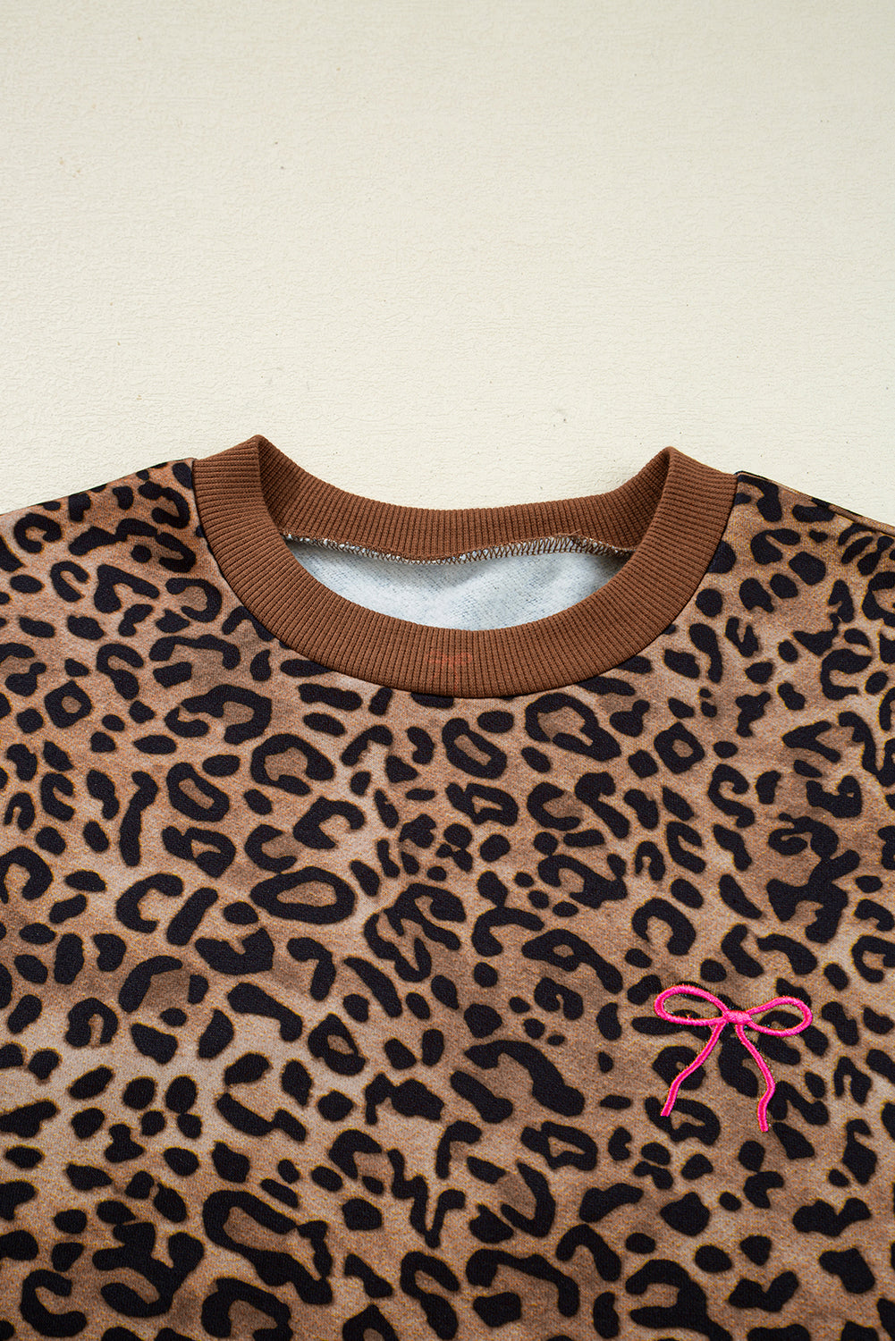 Coffee Leopard Print Contrast Trim Long Sleeve Top and Pants Set