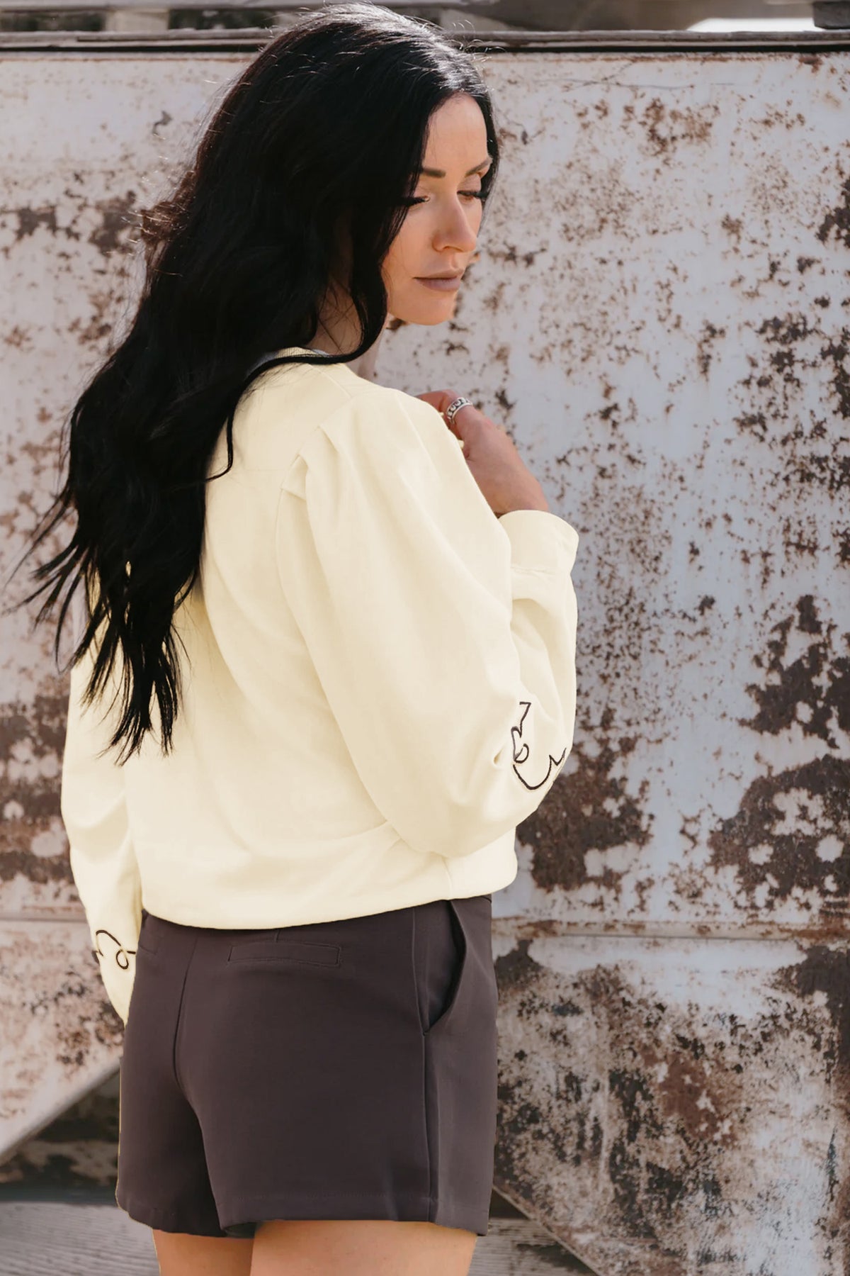 Cream White Embroidered Western Print Long Sleeve Half Button Top