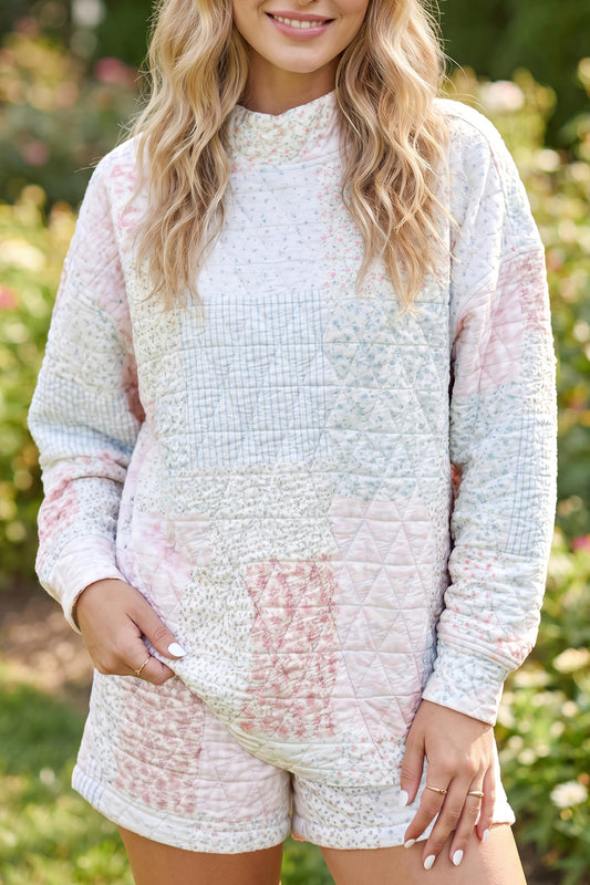 Multicolour Floral Quilted Mock Neck Top and Short Set