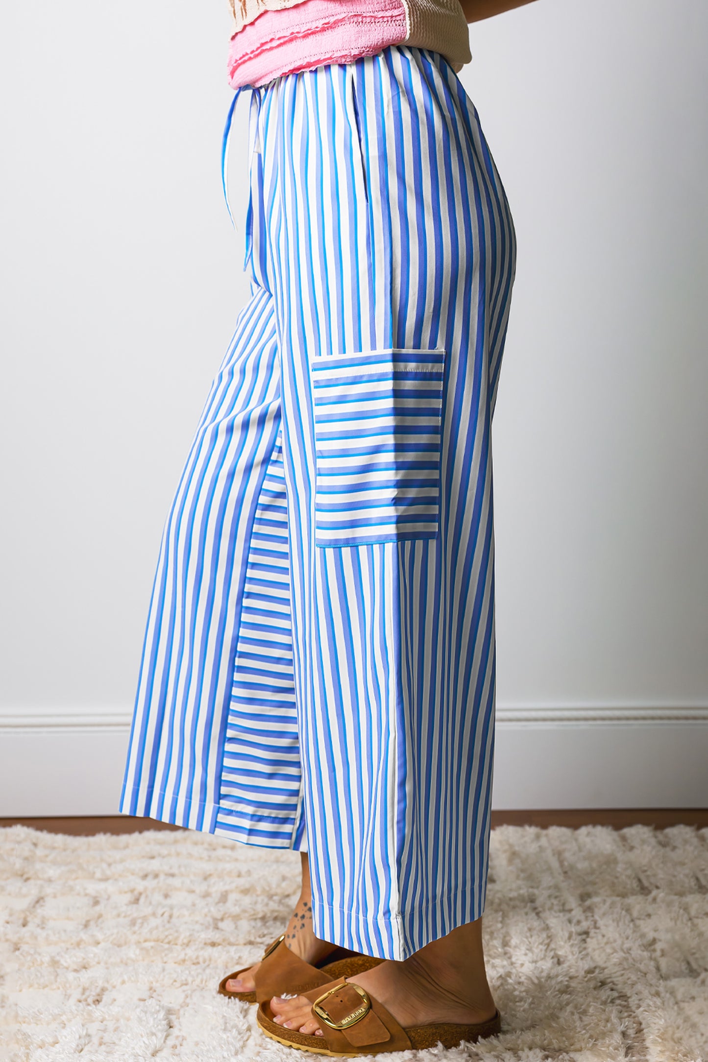 Sky Blue Stripe Drawstring Elastic Waist Patch Pocket Wide Leg Ankle-length Pants