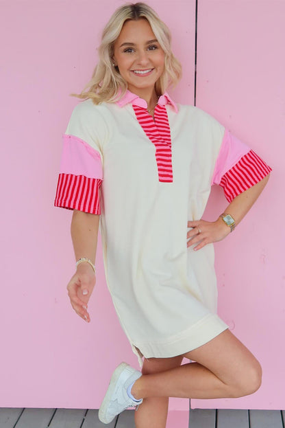 White Stripe Colorblock Patchwork Short Sleeve T Shirt Dress