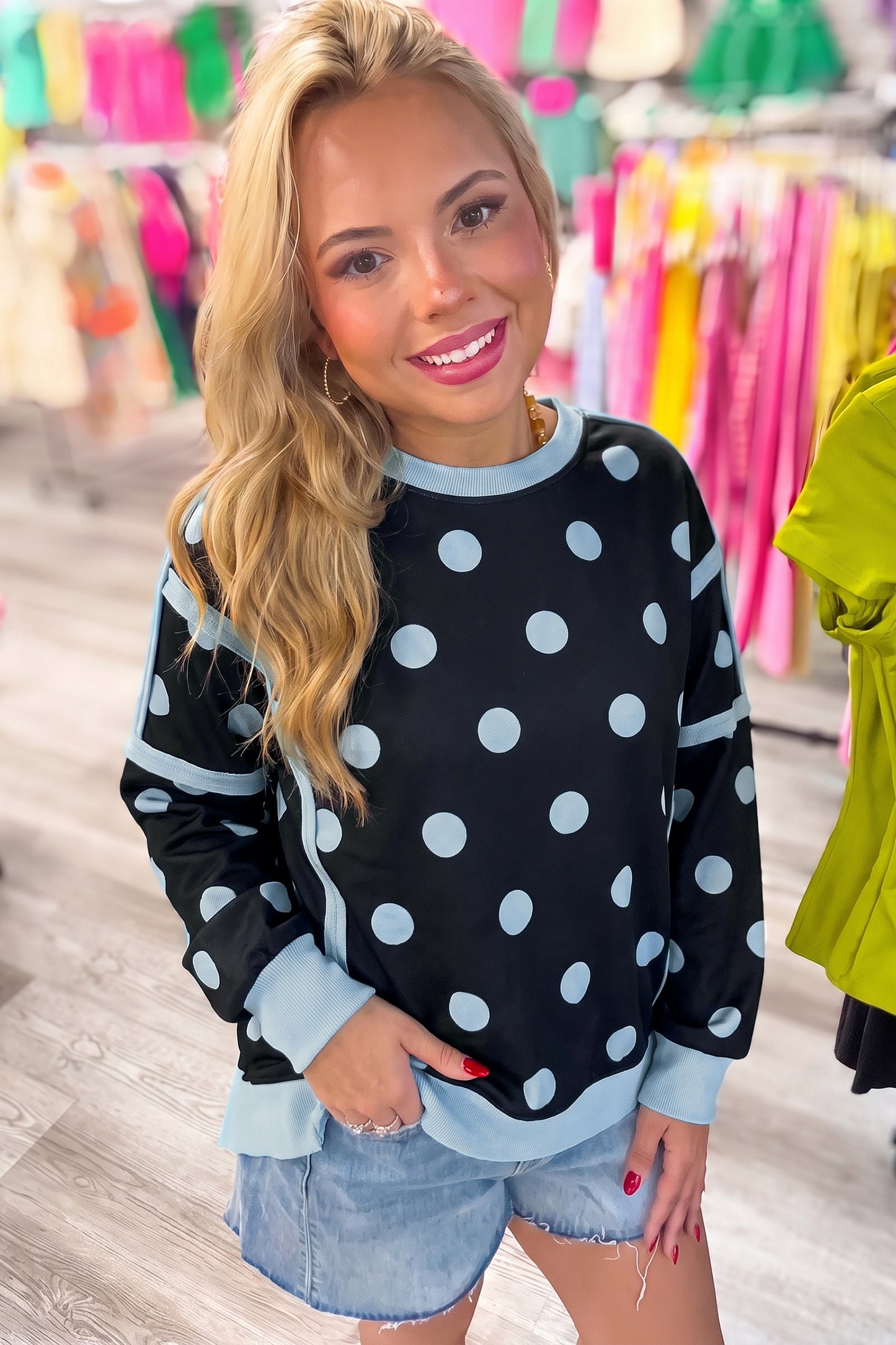 Black Polka Dot Contrast Patchwork Round Neck Baggy Sweatshirt