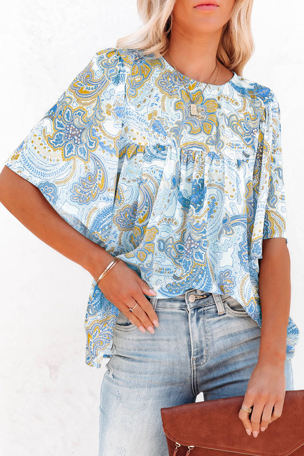 Blusa holgada de mangas anchas con estampado de paisley multicolor