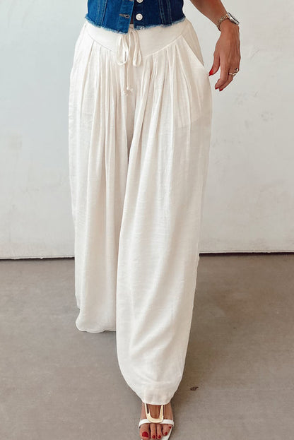 Pantalon large plissé blanc décontracté à taille nouée