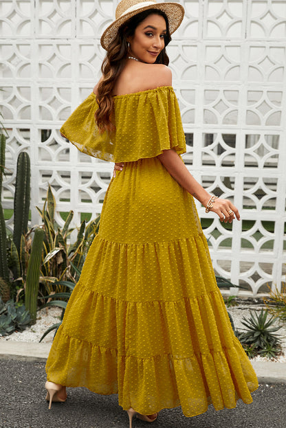 Yellow Yellow Off Shoulder Ruffle Swiss Dot Maxi Dress