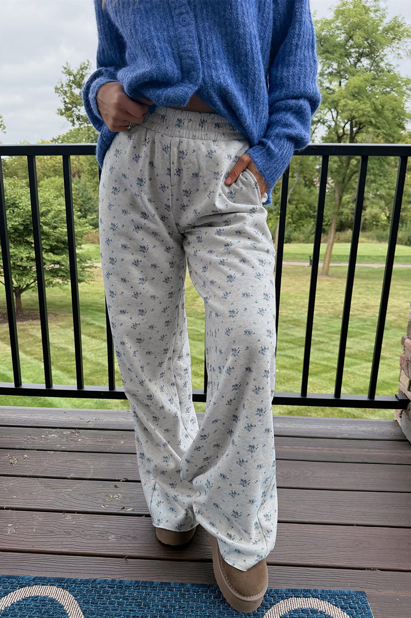 Gray Floral Print Elastic Waist Full Length Regular Pants