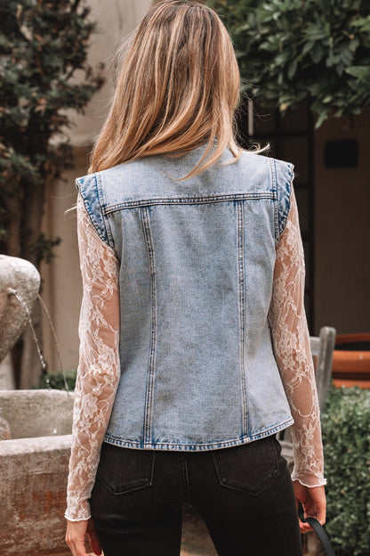 Beau Blue Scalloped Trim Patch Pocket Button Front Denim Vest