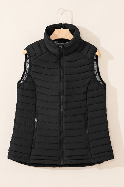Gilet matelassé zippé à col en peluche noir