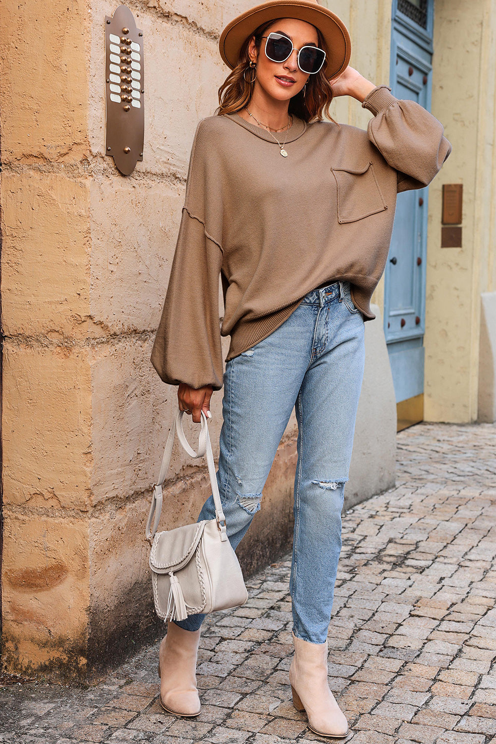 Suéter holgado con costuras expuestas y bolsillo con parche sin rematar albaricoque 