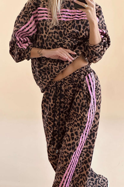 Brown Leopard Print Contrast Striped Detail Long Sleeve Top Pant Set