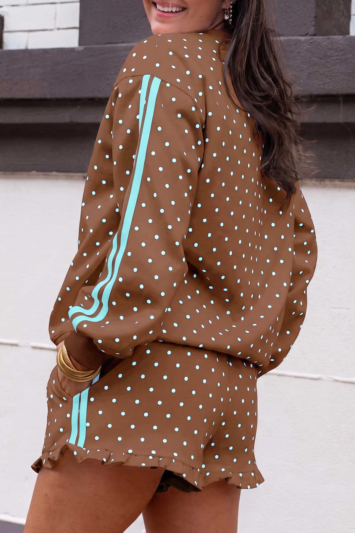 Brown Polka Dot Print Side Stripe Detail Casual Sweatshirt 2pcs Short Set