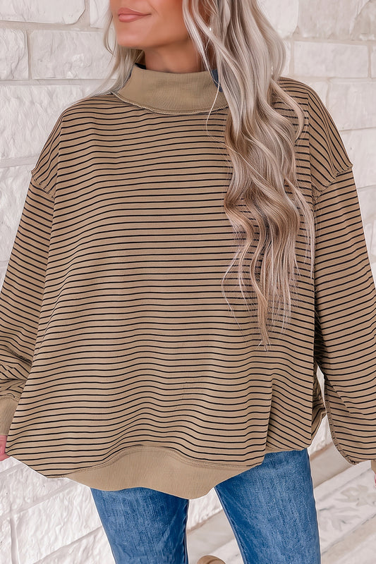 Khaki Stripe Ribbed Color Block Mock Neck Oversized Sweatshirt