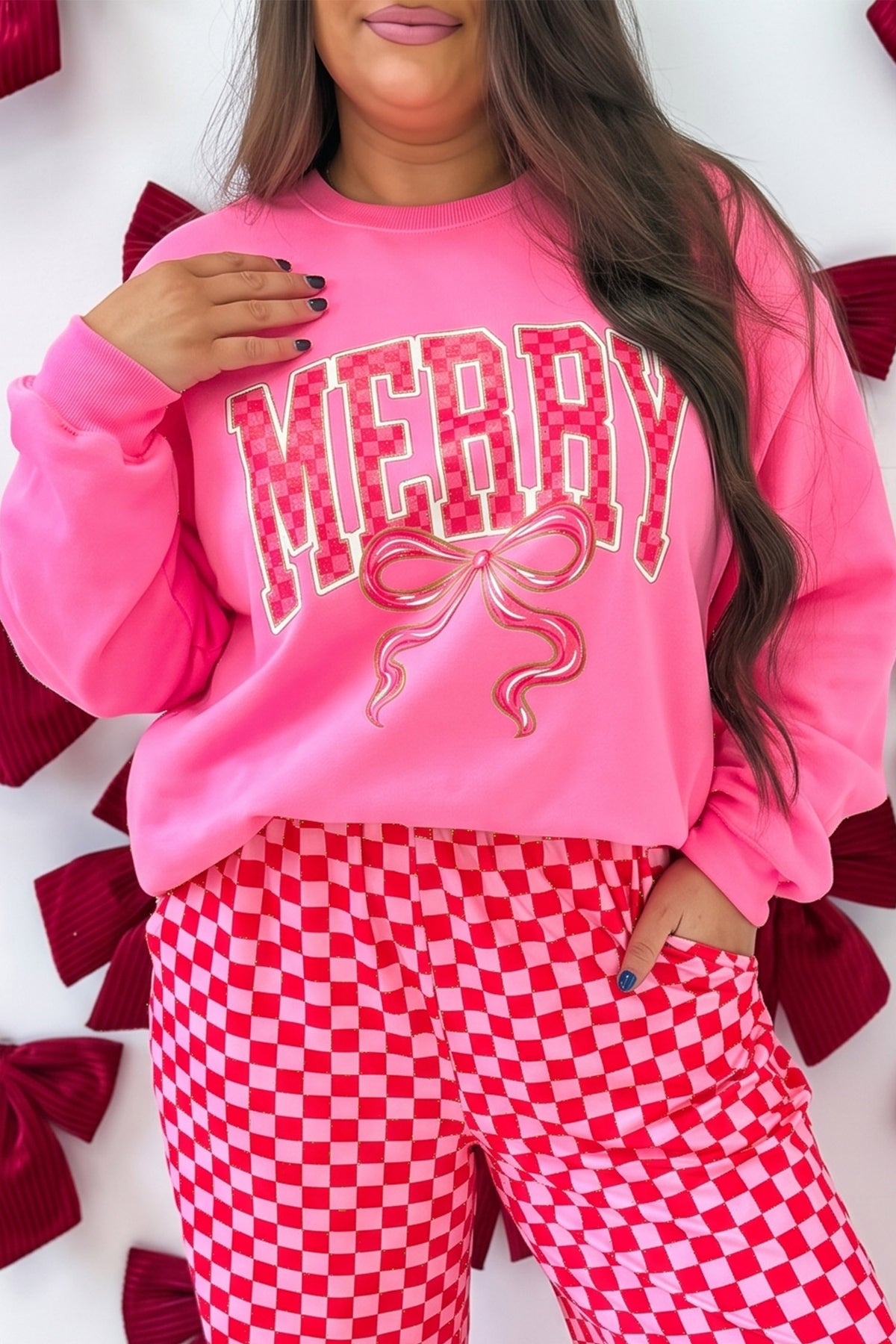 Bonbon Checkered Christmas Slogan Printed Plus Size Sweatshirt
