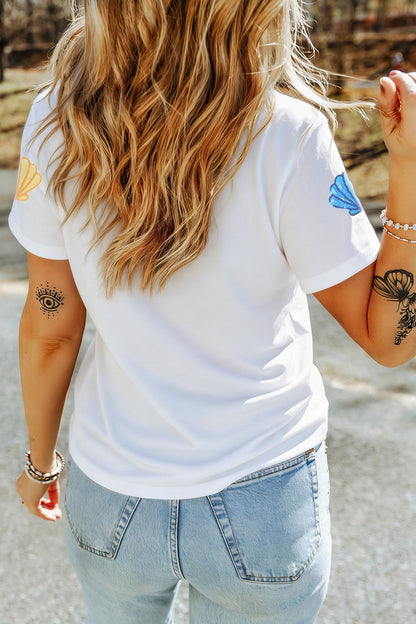 White Sequin Shell Graphic Summer Loose T Shirt