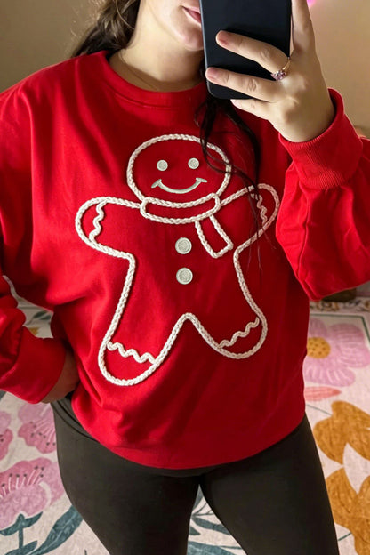 Fiery Red Christmas Embroidered Long Sleeve Casual Round Neck Loose Fit Sweatshirt