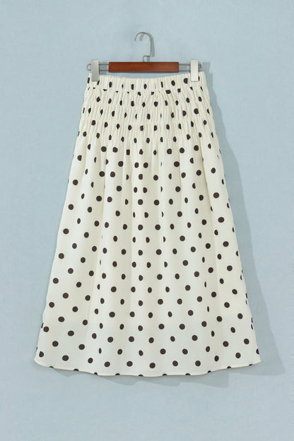 Beige Stripe Polka Dot Print Smocked High Waist Long Skirt