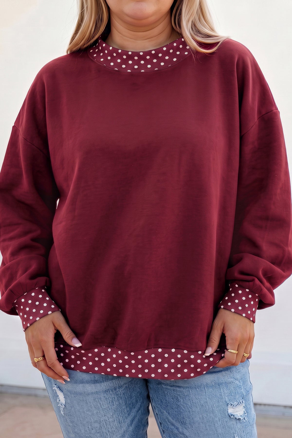 Burgundy Polka Dot Patchwork Round Neck Plus Size Sweatshirt