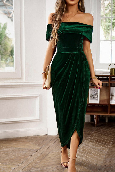 Blackish Green Velvet Off Shoulder Pleated Wrap Evening Dress