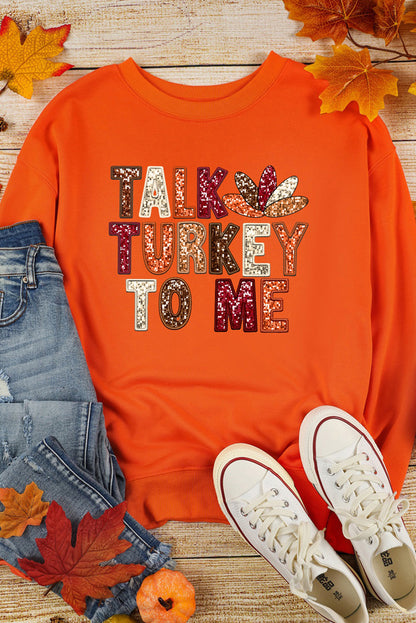Sweat-shirt graphique orange « PARLEZ-MOI DE DINDE » pour les fêtes de Thanksgiving