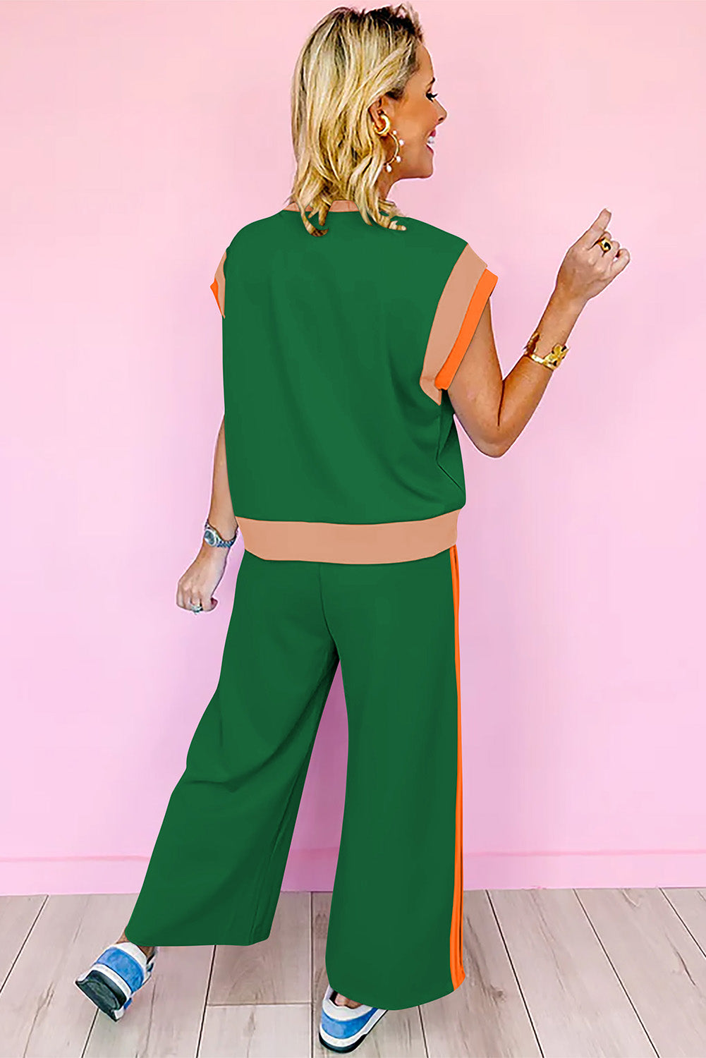 Dark Green Color Block Detail Casual Two-piece Set