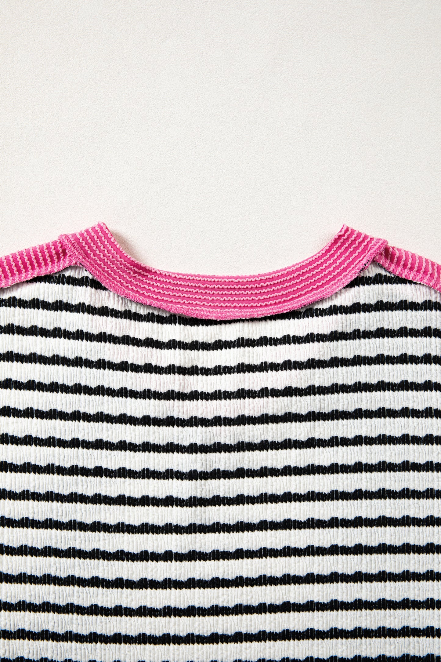 Black Stripe Textured Knit Twisted Rib Contrast Patchwork V Neck Long Sleeve Top