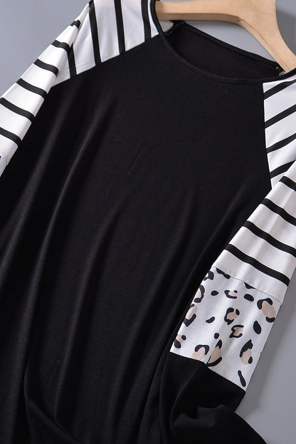 Black Striped Animal Print Colorblock Long Sleeve Top