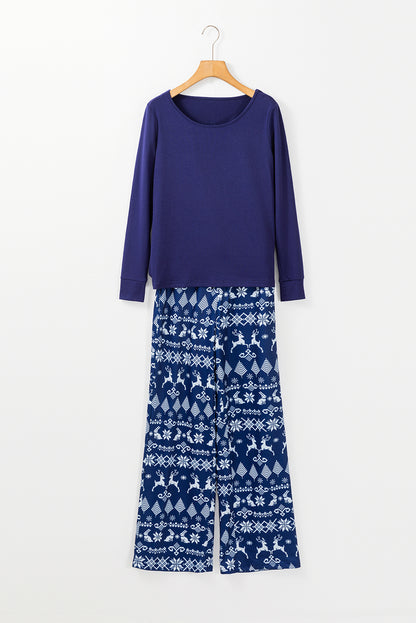 Ensemble deux pièces haut bleu uni et pantalon de Noël