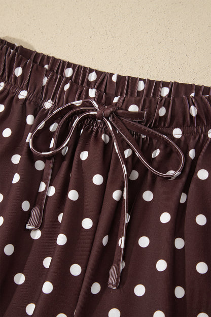 Brown Polka Dot Halter Tank Drawstring Elastic Waist Short Set