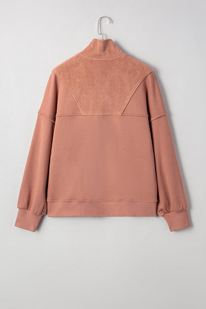 Camel Exposed Seam Side Pockets Half Zipper Baggy Sweatshirt