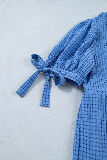 Dusk Blue Gingham Textured Bow Tie Short Sleeve Tiered Midi Dress