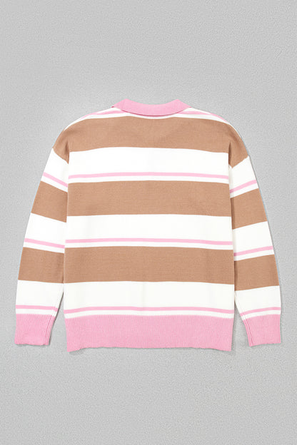 Pink Stripe Striped Colorblock V Neck Long Sleeve Tunic Sweater