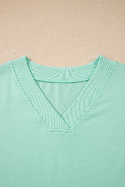 Mint Green Solid Color V Neck Tee Drawstring Pant Set
