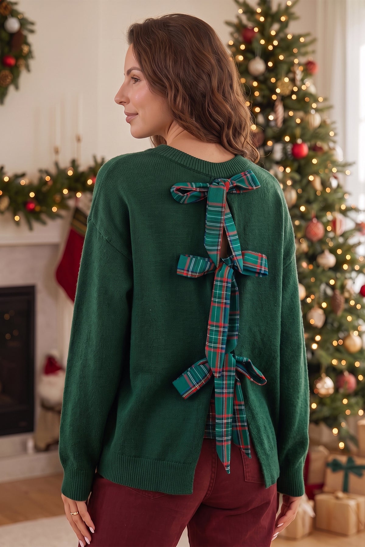 Blackish Green Plaid Bow Detail Drop Shoulder Christmas Sweater