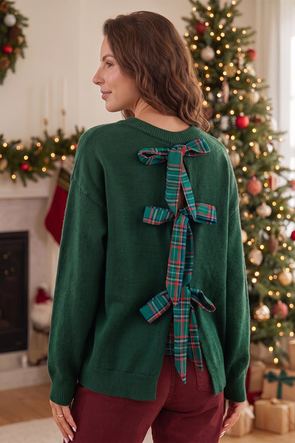 Blackish Green Plaid Bow Detail Drop Shoulder Christmas Sweater