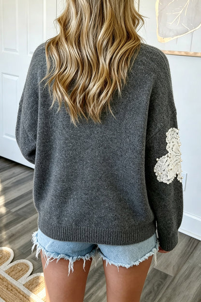 Dark Grey Beaded Floral Accent Casual Round Neck Sweater