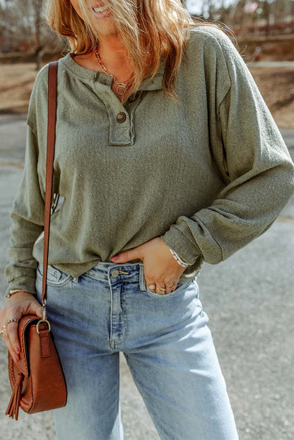 Top botones con cuello dividido patchwork retro manga larga verde