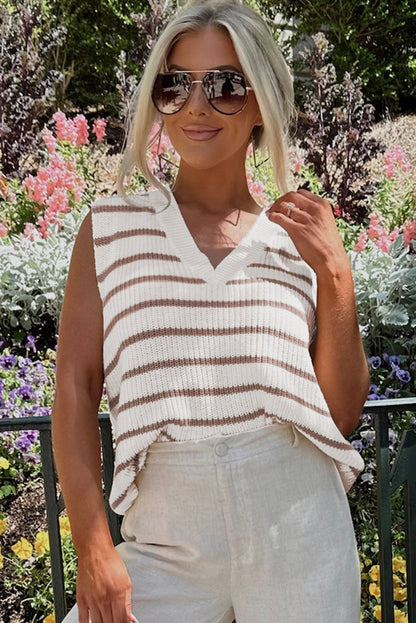 Gilet ample en tricot à rayures kaki et col en V