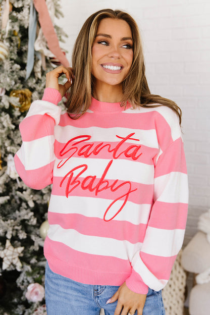 Pink Stripe Santa Baby Embroidered Christmas Slogan Drop Shoulder Pullover Sweater