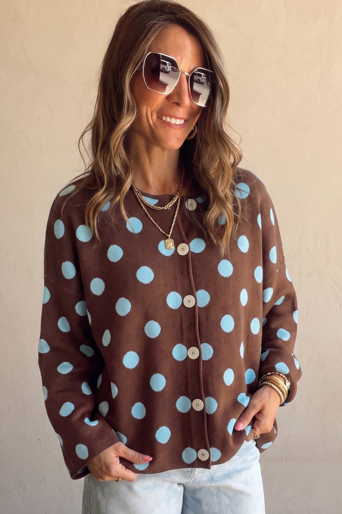 Brown Polka Dot Button Down Dropped Shoulder Shift Cardigan