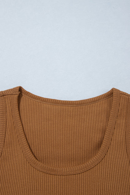 Coffee Ribbed Knit Sweet Lace Hem Vest