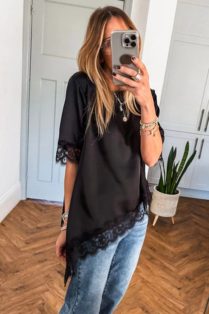Black Asymmetric Lace Trim Short Sleeve Satin Top