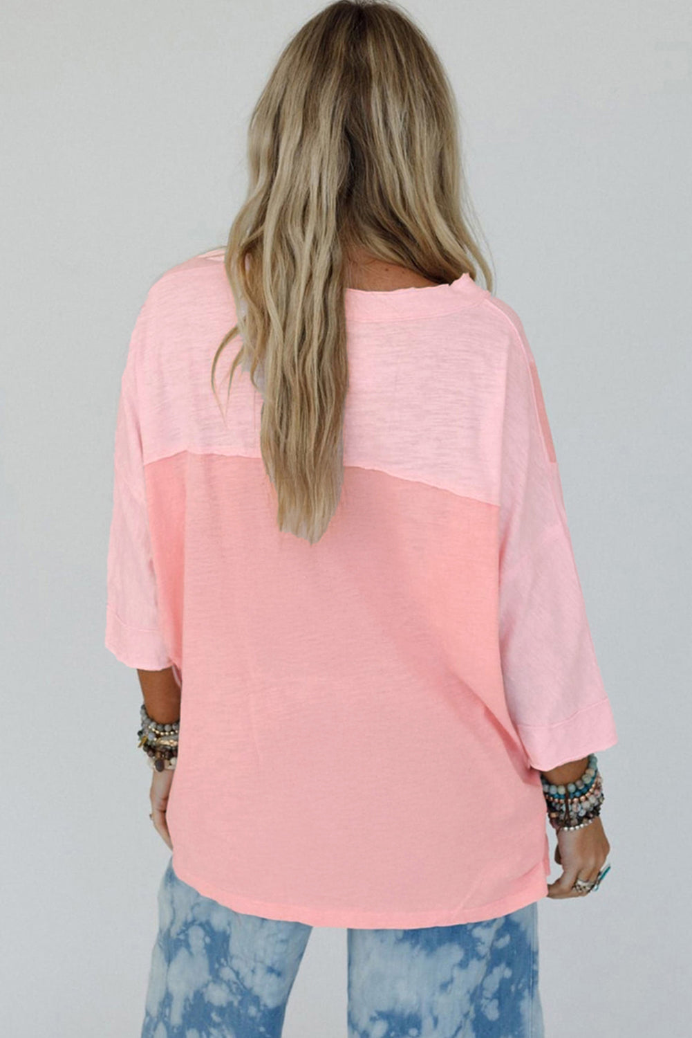 Pink Flower Patched Exposed Seam Bracelet Sleeve Oversized T Shirt