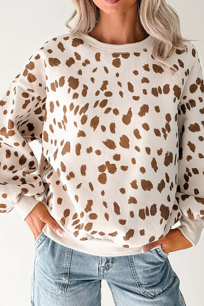 Brown Leopard Print Dropped Shoulder Round Neck Casual Sweatshirt