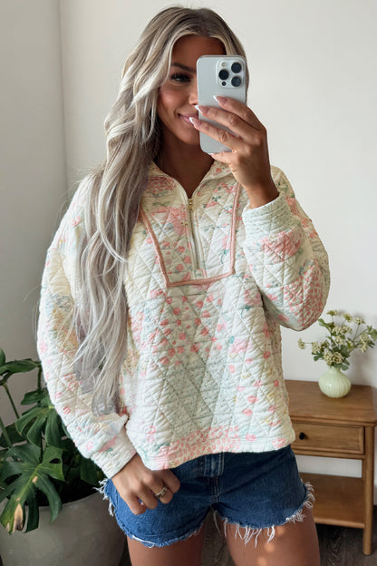 Multicolour Floral Quilted Metal Zipper Collar Long Sleeve Sweatshirt